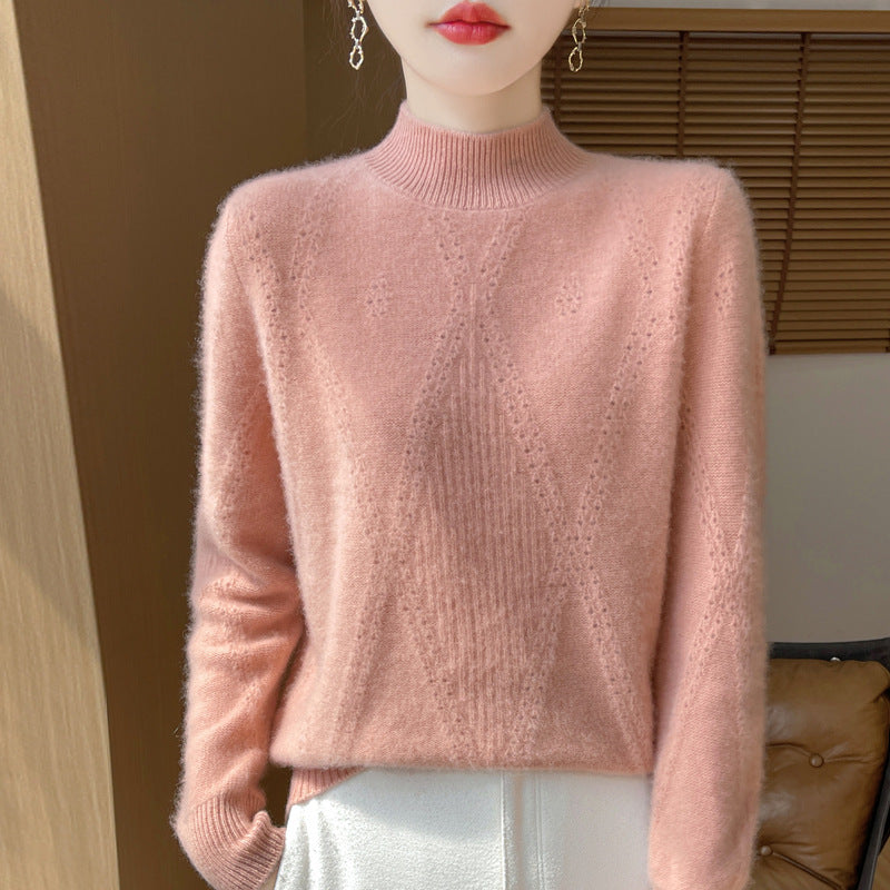 Women's Light Mockneck Fine Knit Sweater with Openwork Chevron and Cashmere Soft Finish Mune Fashion