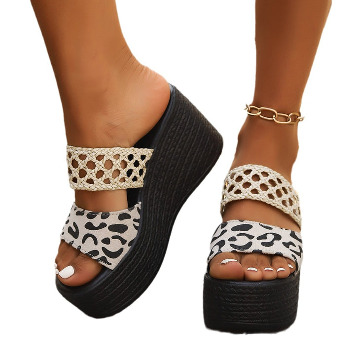 Women's flat platform slides with braided strap leopard pattern flip-flop and espadrille wedge heel Mune Fashion
