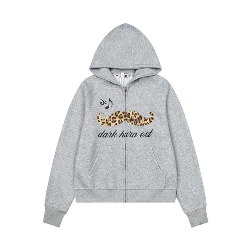 Women's hooded sweatshirt jacket with full zip, kangaroo pockets and playful leopard mustache print Mune Fashion