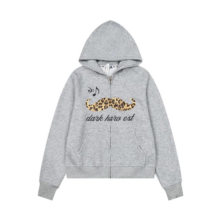 Women's hooded sweatshirt jacket with full zip, kangaroo pockets and playful leopard mustache print Mune Fashion