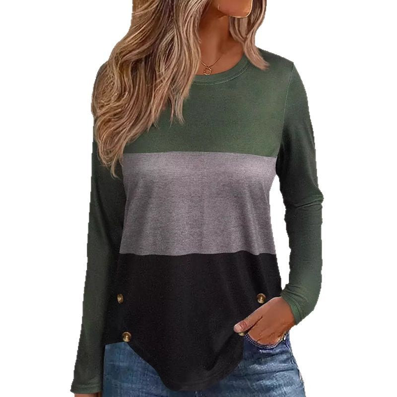 Women's Long Sleeve Colorblock Shirt with Rounded Hem and Side Button Detail Mune Fashion