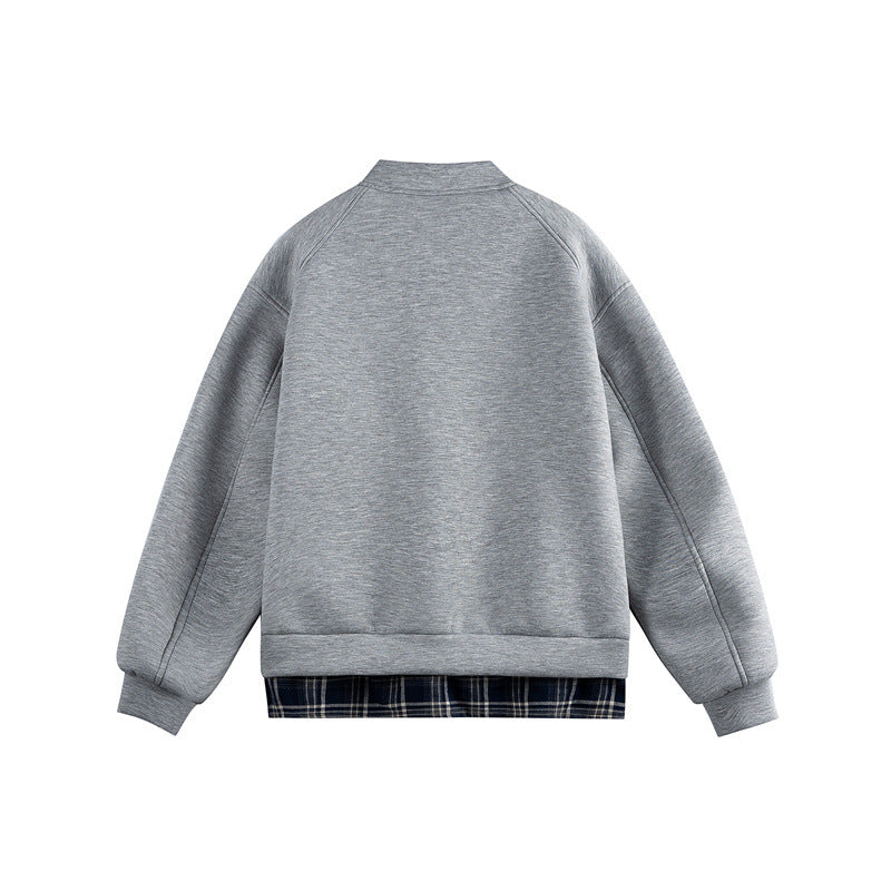 Women Two-in-One Bomber Sweat Jacket with Check Layer Insert and Stand Collar Mune Fashion