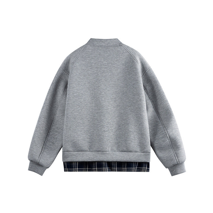 Women Two-in-One Bomber Sweat Jacket with Check Layer Insert and Stand Collar Mune Fashion
