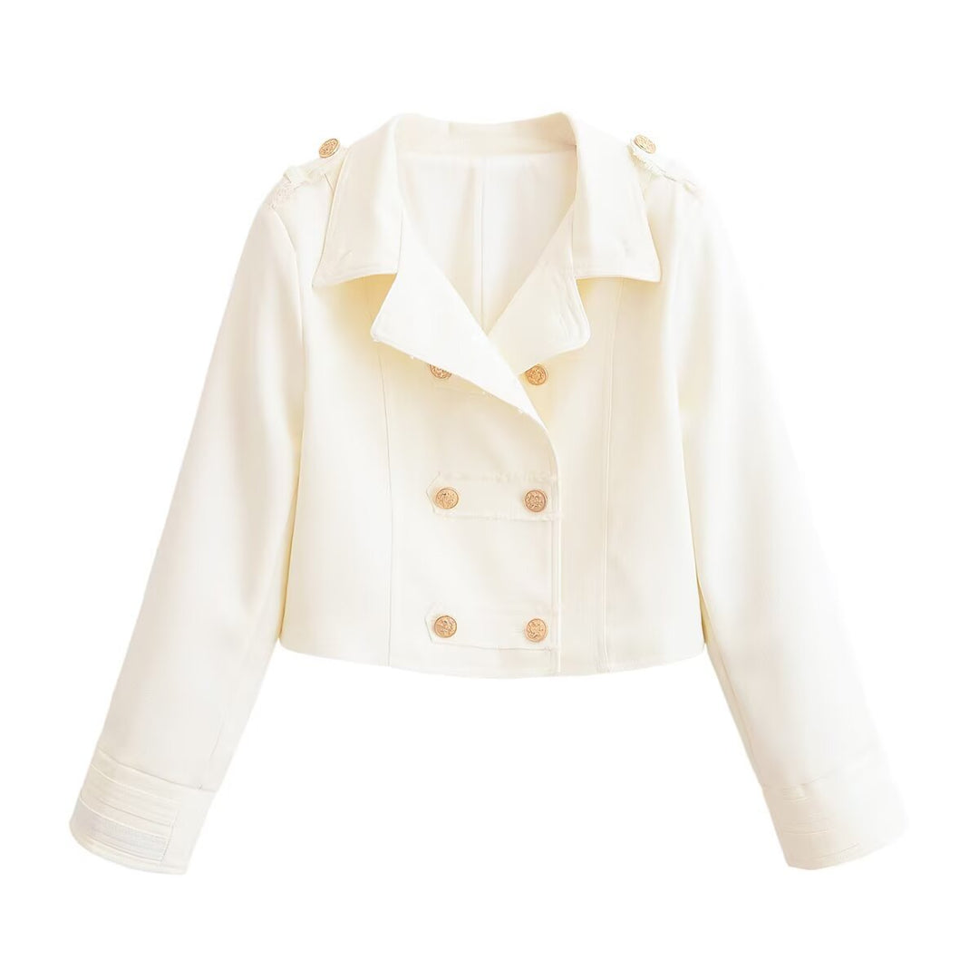 Women Short Cut Double-Breasted Uniform-Inspired Jacket with Epaulettes Mune Fashion