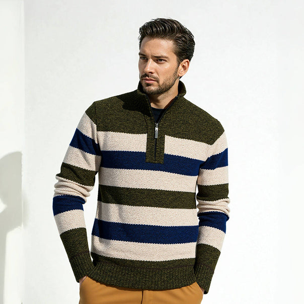 Men Striped Half-Zip Knit Sweater with Stand Collar and Robust Structure Mune Fashion
