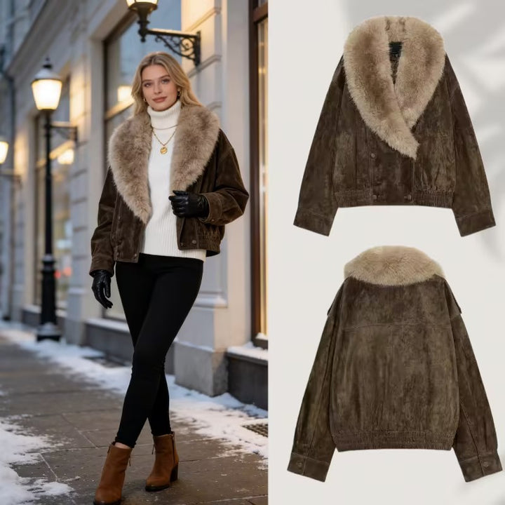 Women’s short-cut suede bomber jacket with luxurious fur collar Mune Fashion