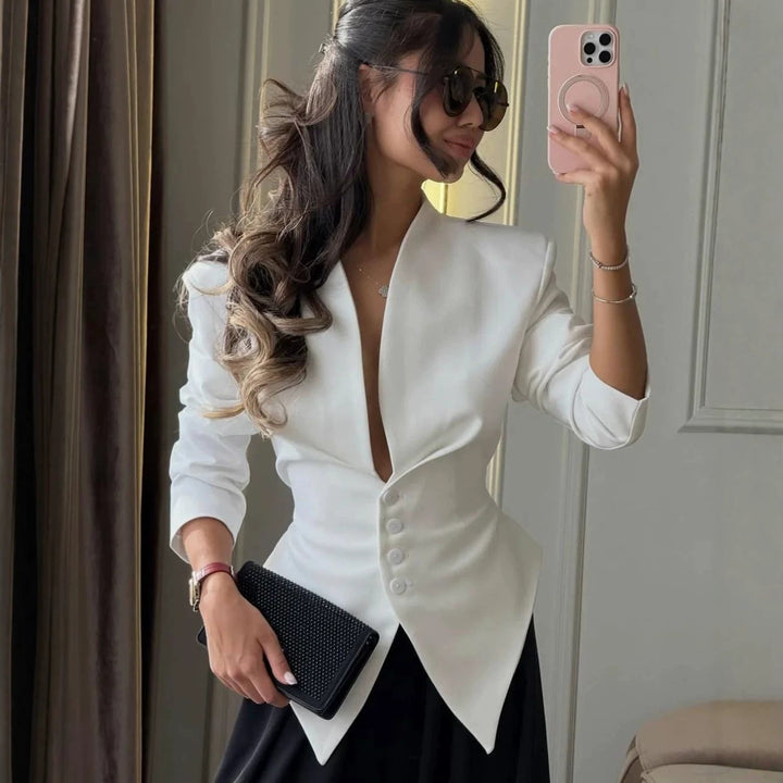 Women's Tailored Blazer with Pointed Hem and Deep V-Neck Mune Fashion