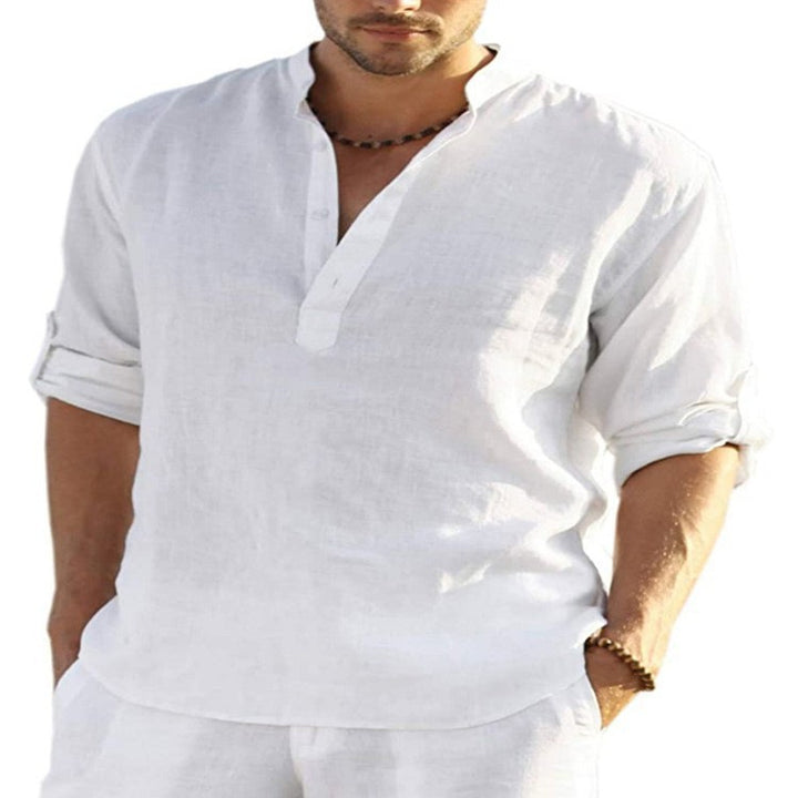 Men's casual linen shirt with stand-up collar, half placket, and roll-up sleeves Mune Fashion