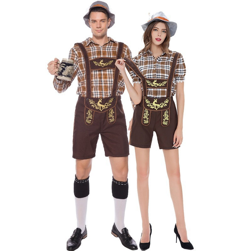 Ladies' short traditional suspenders with embroidered straps and checkered blouse set Mune Fashion