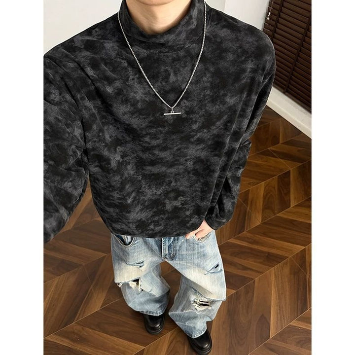 Men's Loose Stand Collar Sweatshirt with Subtle Marble Print Mune Fashion