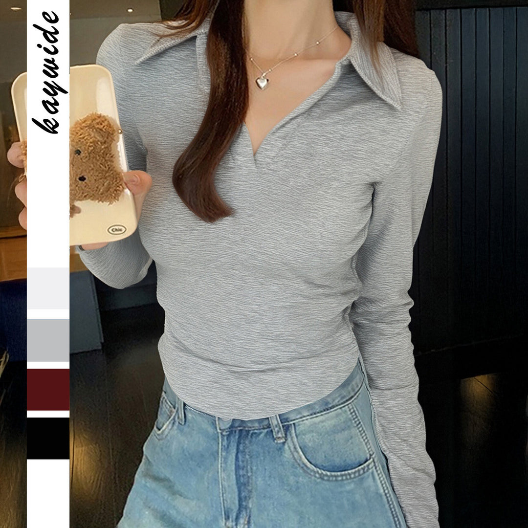 Women fitted long sleeve shirt with V-neck and shirt collar Mune Fashion