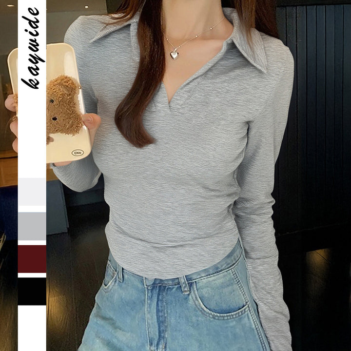Women fitted long sleeve shirt with V-neck and shirt collar Mune Fashion