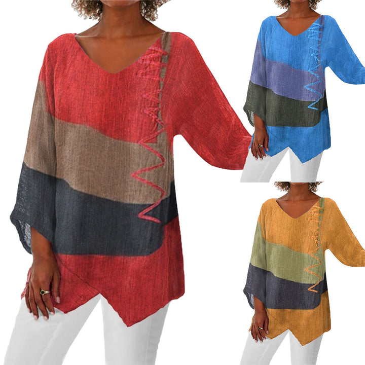 Women Casual A-Line Linen Look Tunic with Color Block Stripes and V-Neck Mune Fashion