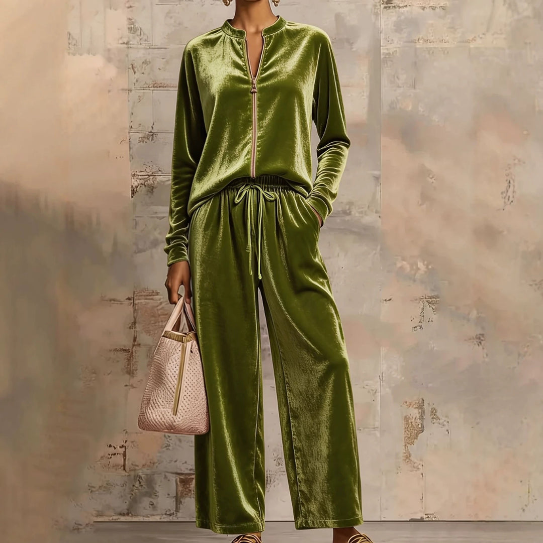 Women's velvety lounge set with stand-up collar zip top and drawstring pants Mune Fashion