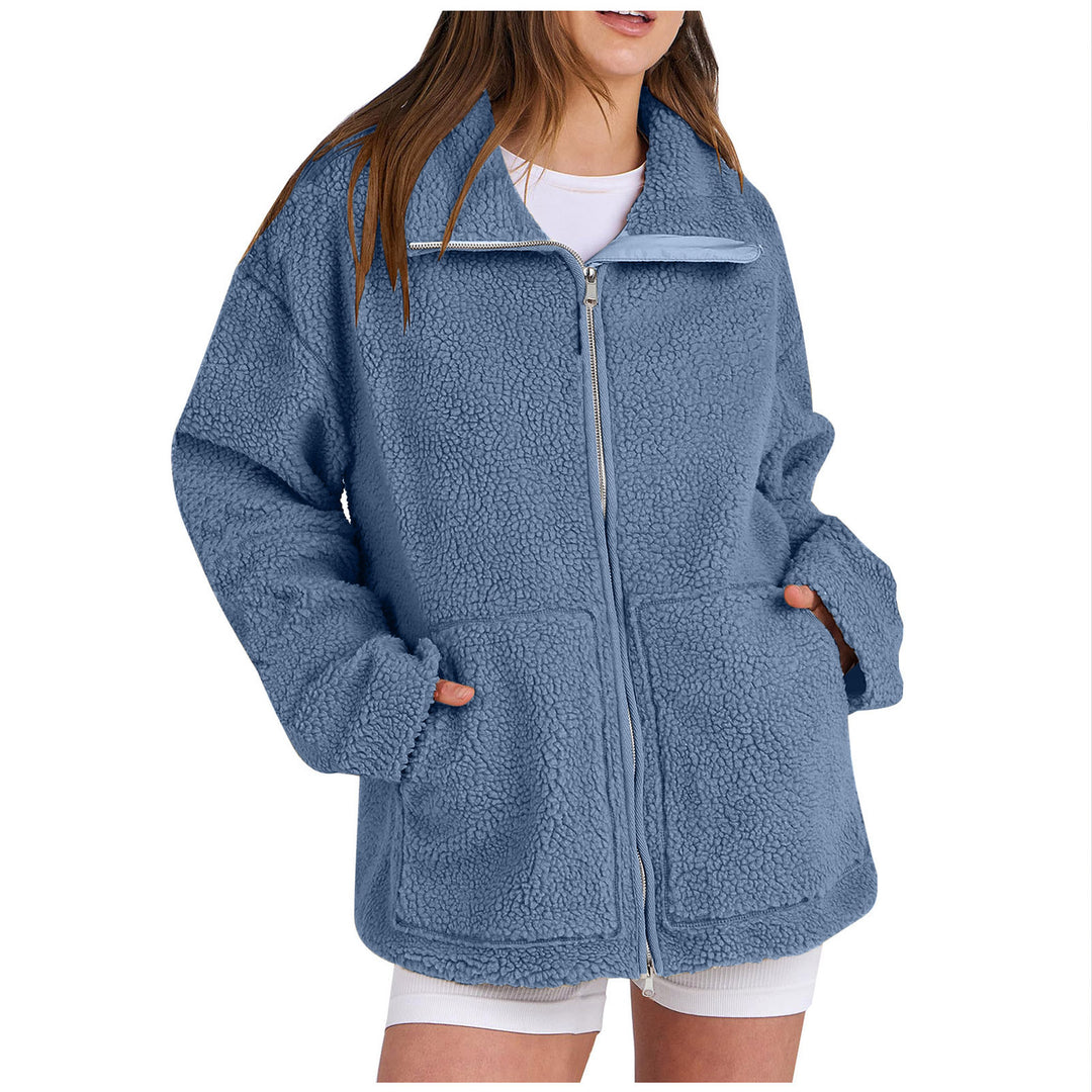 Women's oversized teddy fur jacket with stand-up collar, zipper, and patch pockets Mune Fashion