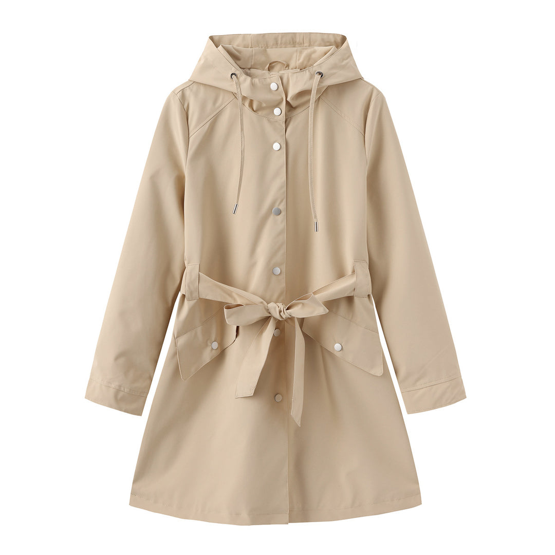Women's lightweight raincoat in A-line cut with hood, drawstring, and tie belt Mune Fashion