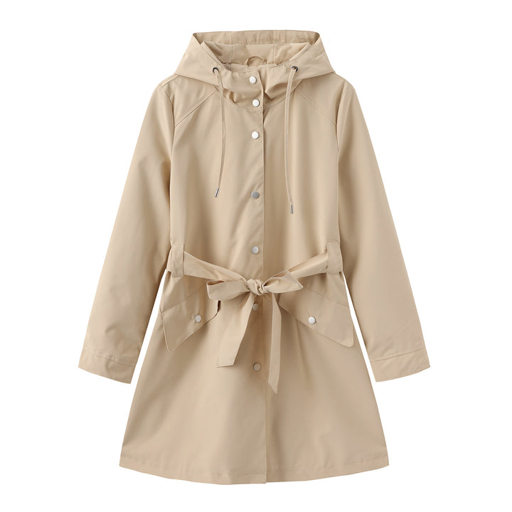 Women's lightweight raincoat in A-line cut with hood, drawstring, and tie belt Mune Fashion