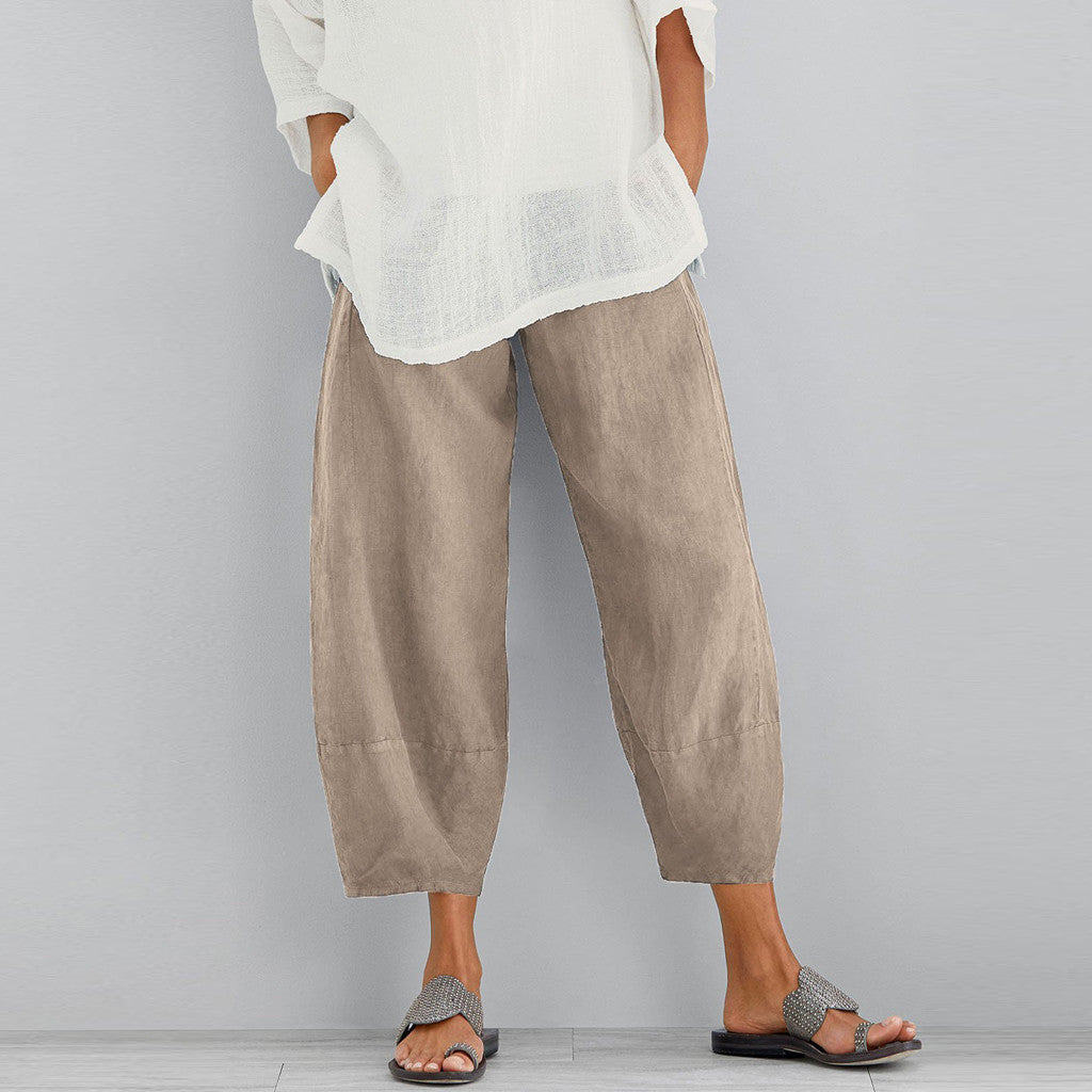 Women's wide-cut linen pants with tulip hem and elastic waistband Mune Fashion