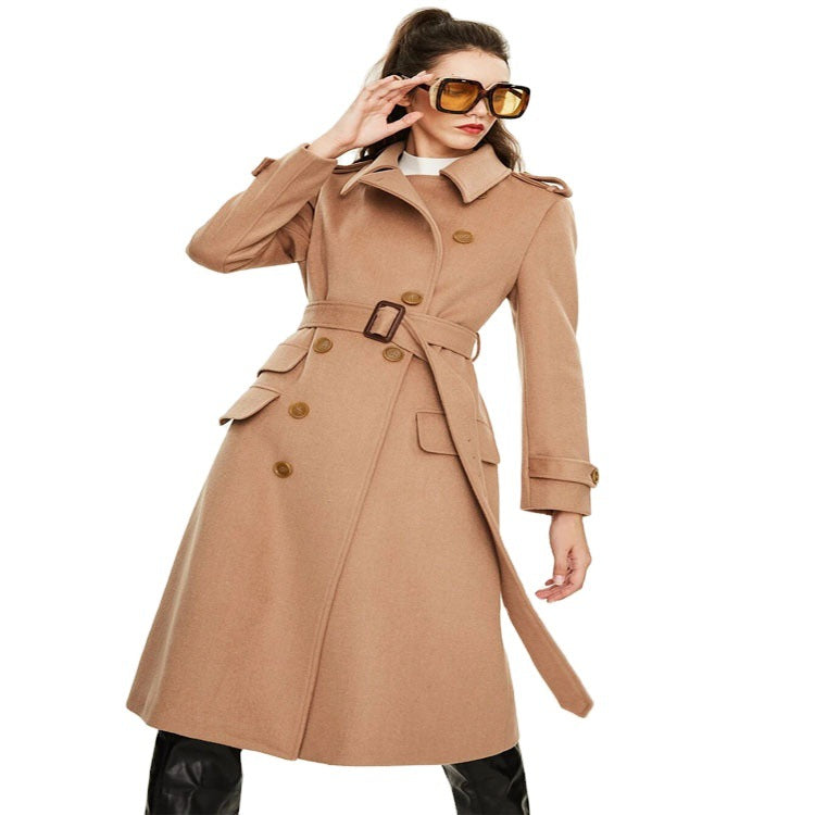 Women's fitted A-line trench coat made of wool-cashmere blend with waist belt and flap Mune Fashion