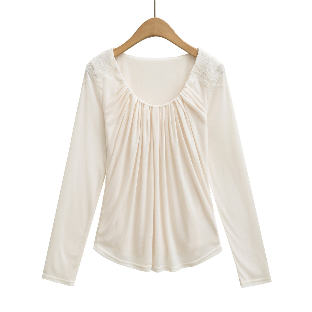 Women's jersey top with wide round neckline, pleated front and lace trim Mune Fashion