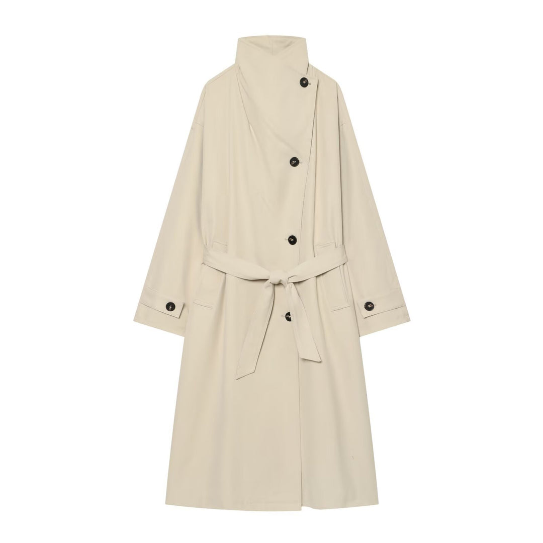 Women's Wide-Cut Trench Coat with Funnel Collar, Asymmetrical Button Placket, and Tied Belt Mune Fashion