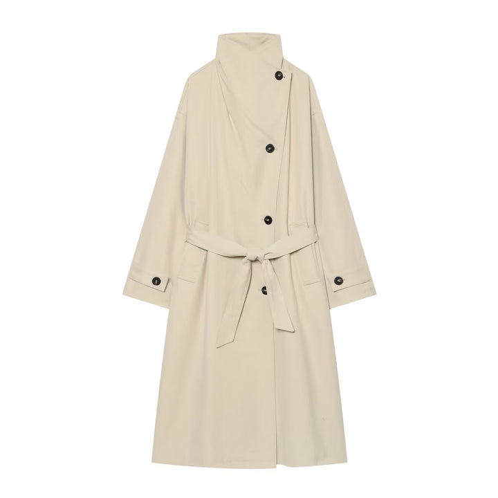 Women's Wide-Cut Trench Coat with Funnel Collar, Asymmetrical Button Placket, and Tied Belt Mune Fashion