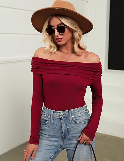 Women's Figure-hugging Off-shoulder Long Sleeve Fine Knit Shirt with Bardot Neckline
