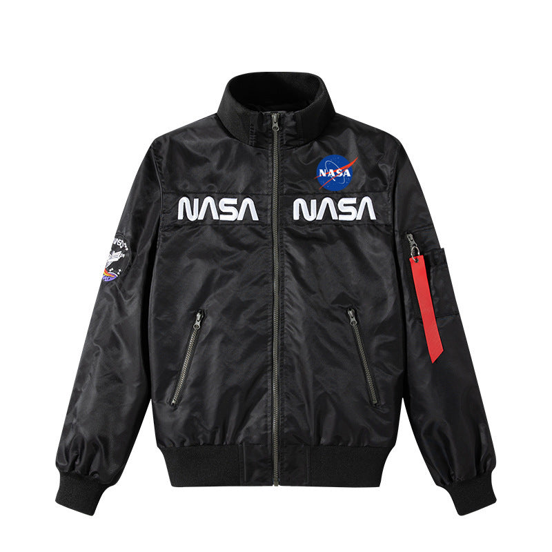 Men's  retro space-logo nylon zip bomber with angled zip pockets and utility sleeve tab Mune Fashion