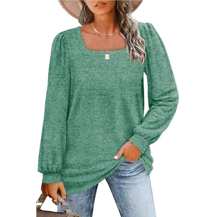 Women's relaxed fine-knit sweater with square neckline, puff shoulder, and cuffs