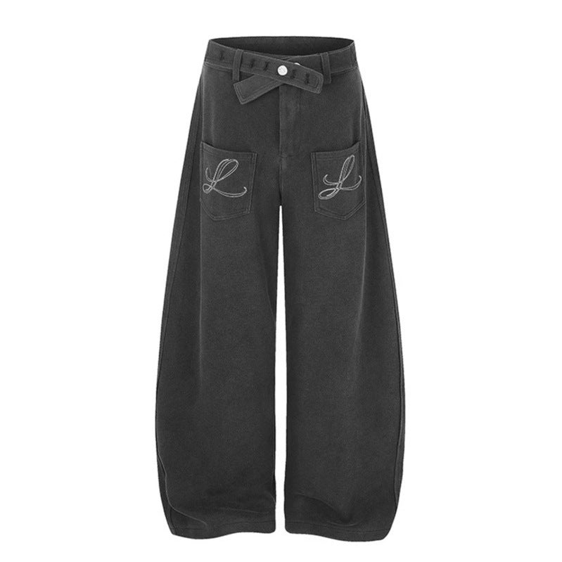 Women's Wide High-Waist Palazzo Jogging Pants with Pockets, Decorative Embroidery and Adjustable Belt Mune Fashion