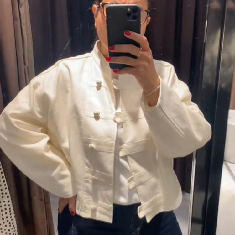 Women's Cropped Boxy Jacket with Chinese Stand Collar and Decorative Button Placket Mune Fashion