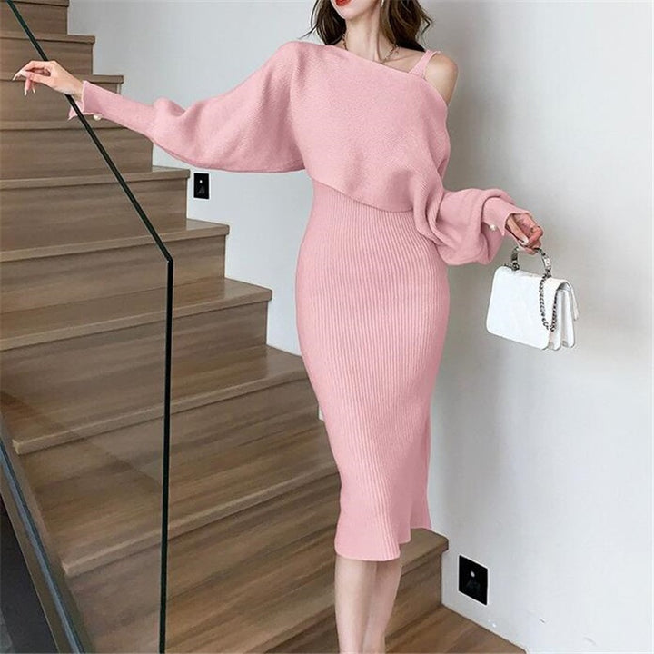 Women's Elegant Knit Dress with V-Neck and Matching Cardigan Mune Fashion