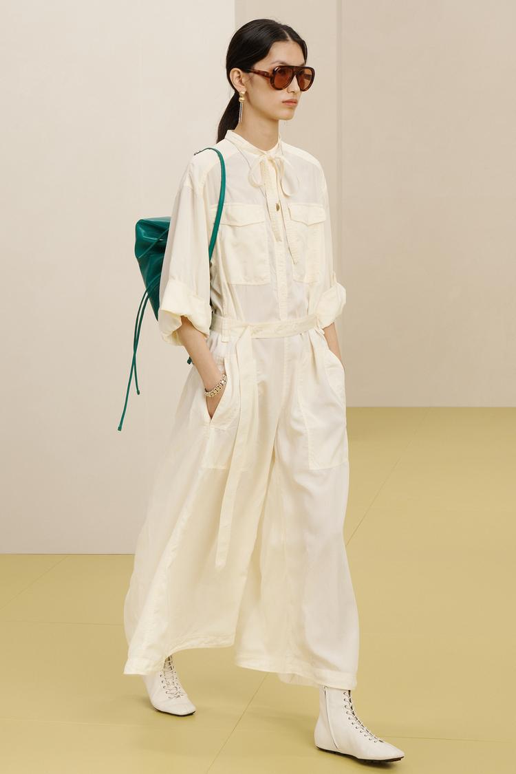 Women’s Longer Utility Jumpsuit with Shirt Collar and Tie Belt Mune Fashion