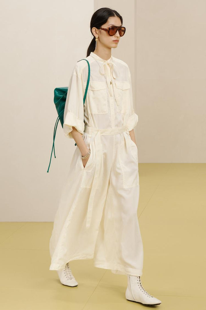 Women’s Longer Utility Jumpsuit with Shirt Collar and Tie Belt Mune Fashion