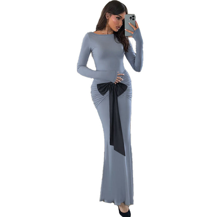 Women's Fitted Maxi Dress with Ruched Hip Section and Decorative Bow Mune Fashion