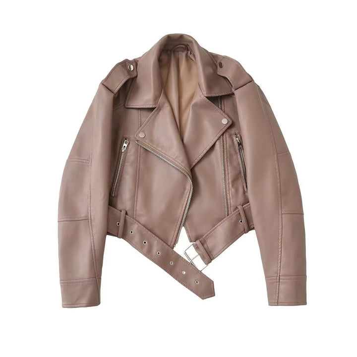 Women tailored faux leather biker jacket with belt Mune Fashion
