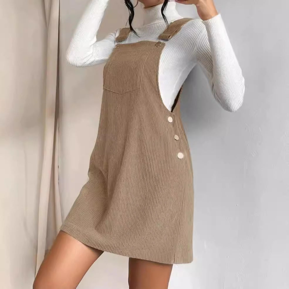 Women's Corduroy Pinafore Dress with Adjustable Straps, Side Snap Placket and Fine Rib Effect Mune Fashion