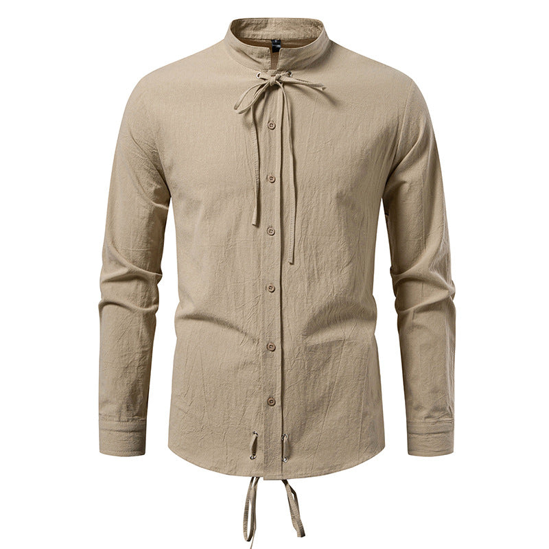 Men's Tailored Long Sleeve Shirt with Stand-Up Collar and Decorative Lacing Mune Fashion