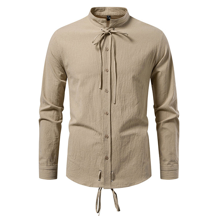 Men's Tailored Long Sleeve Shirt with Stand-Up Collar and Decorative Lacing Mune Fashion