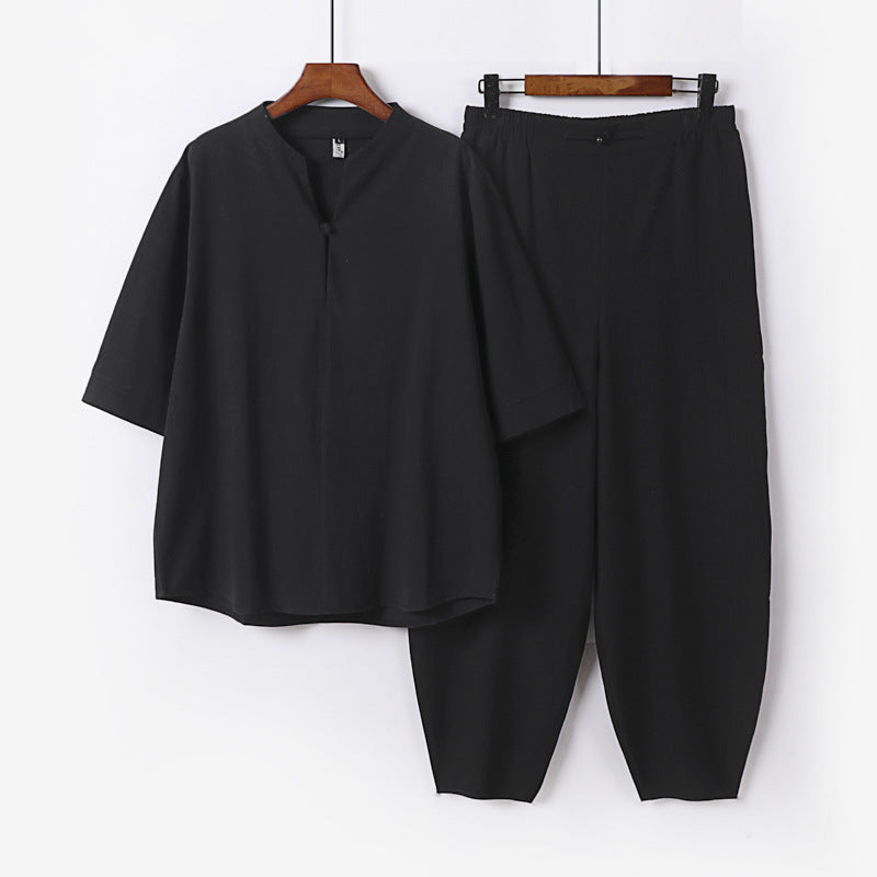 Men's Two-Piece Lightweight Linen-Cotton Set with Mandarin Collar and Elastic Waist Pants Mune Fashion