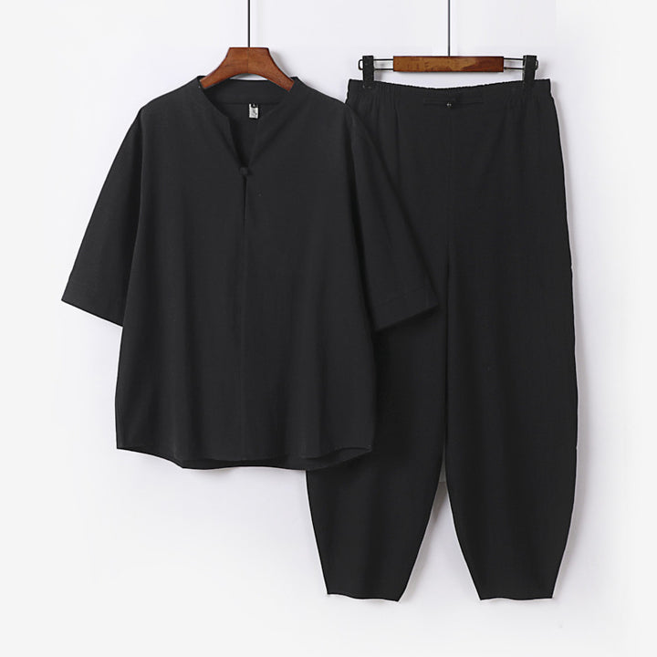 Men's Two-Piece Lightweight Linen-Cotton Set with Mandarin Collar and Elastic Waist Pants Mune Fashion