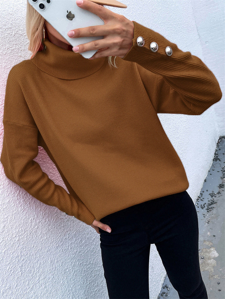 Women's Ribbed Turtleneck Sweater with Oversize Cut and Decorative Button Cuffs Mune Fashion