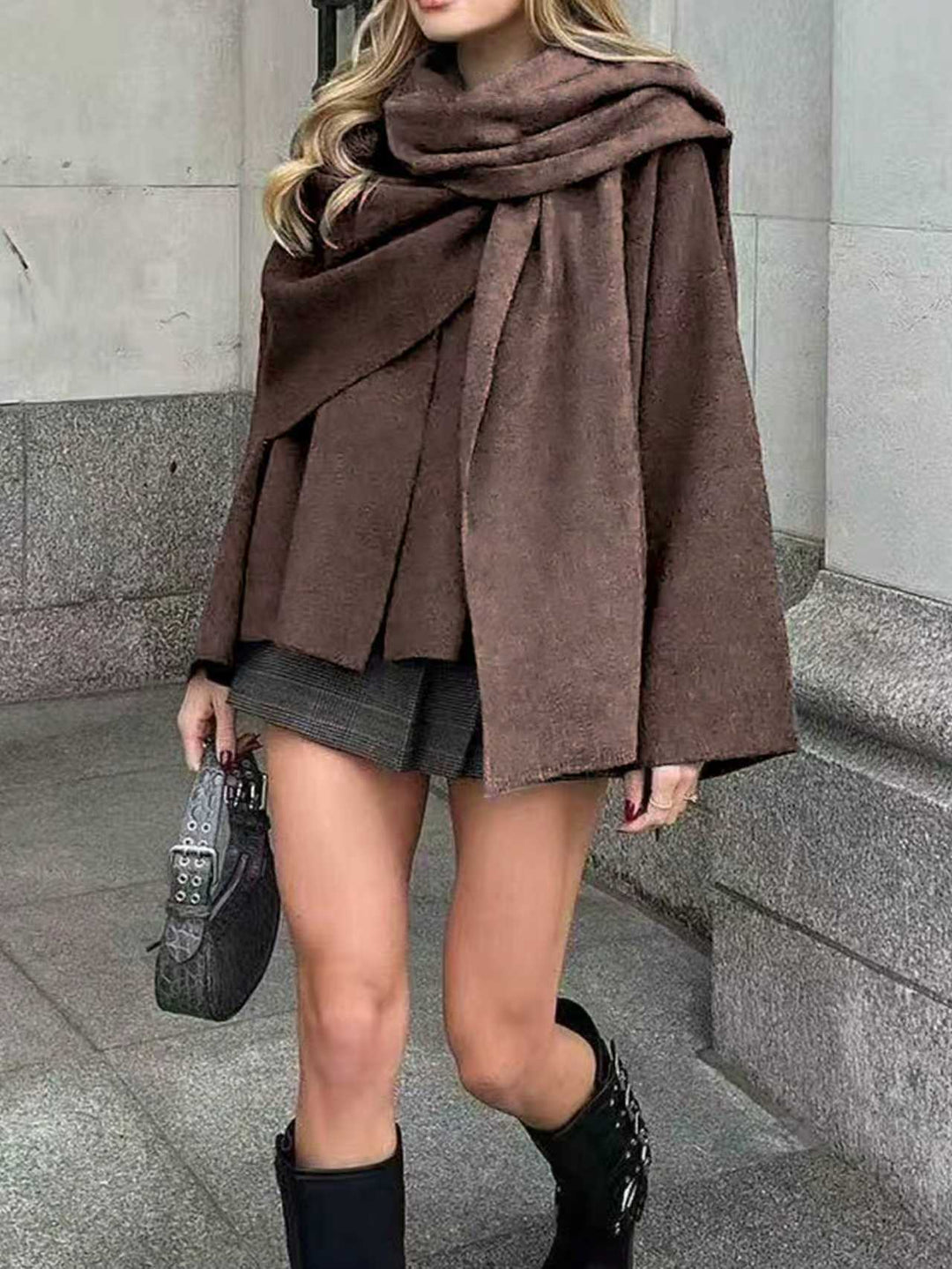 Women Oversize Wrap Poncho Coat with Wide Shawl Collar and One-Button Detail Mune Fashion