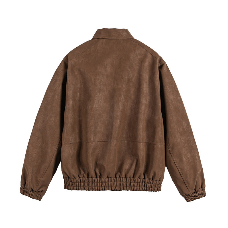Men's leather-like blouson with shirt collar, two-way zipper, and elastic hem Mune Fashion