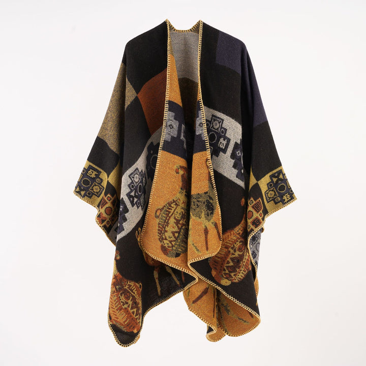 Women's Oversized Jacquard Cape Poncho with Ornamental Weaving Structure Mune Fashion