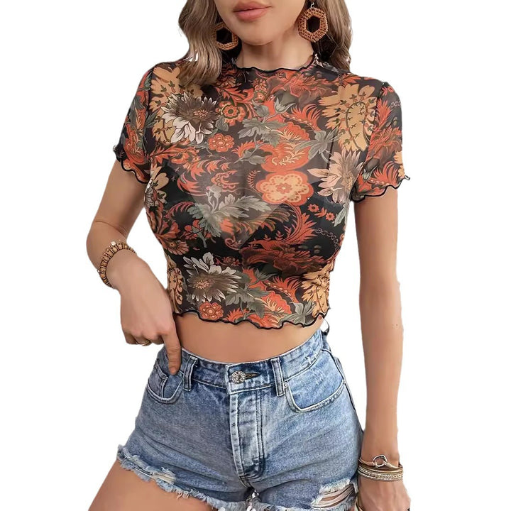 Women's cropped mesh top with semi-transparent floral pattern, stand-up collar, and wavy hem Mune Fashion