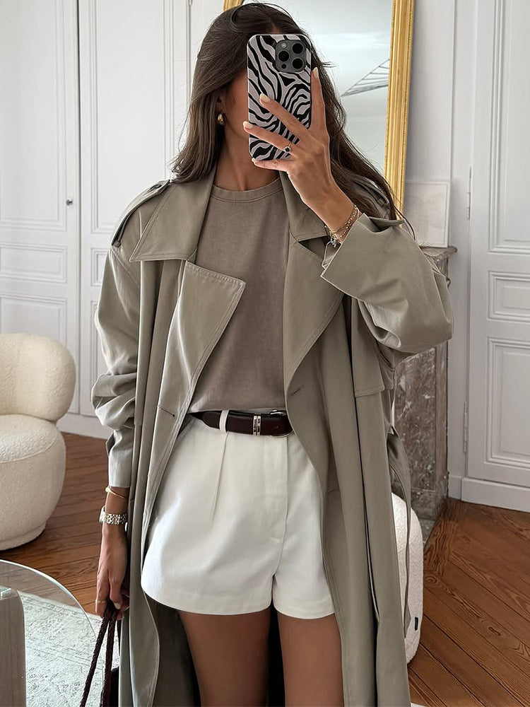 Women Oversize Trench Coat made of lightweight Gabardine with shoulder flaps and waterfall collar Mune Fashion