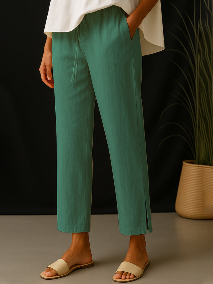 Women's Casual Chino Linen Look Culotte with Elastic Drawstring Waist and Side Pockets Mune Fashion