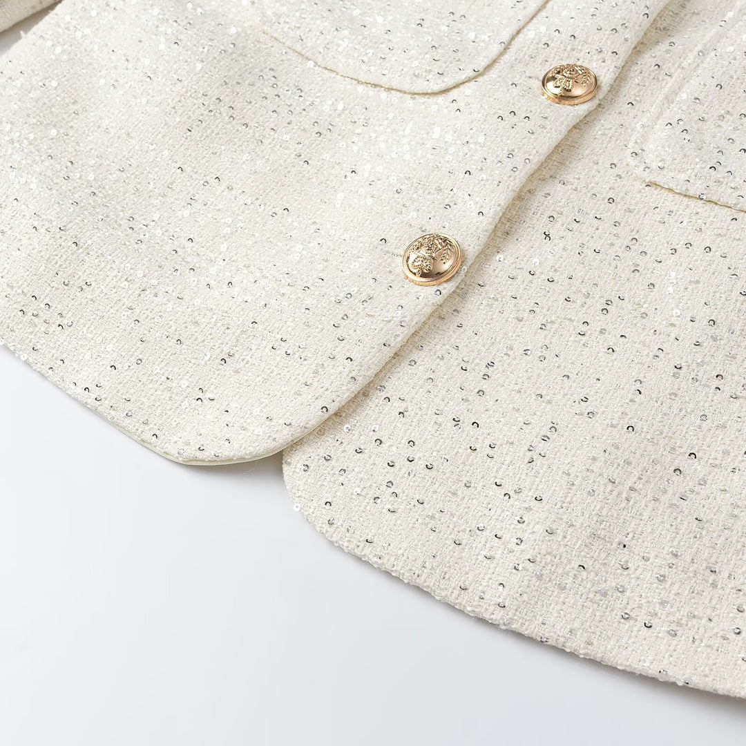 Women Short-Cut Tweed Jacket in Boucle Look with Round Neckline, Decorative Buttons and Flap Pockets Mune Fashion