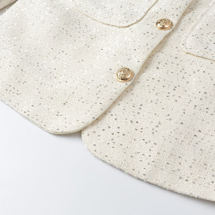Women Short-Cut Tweed Jacket in Boucle Look with Round Neckline, Decorative Buttons and Flap Pockets Mune Fashion